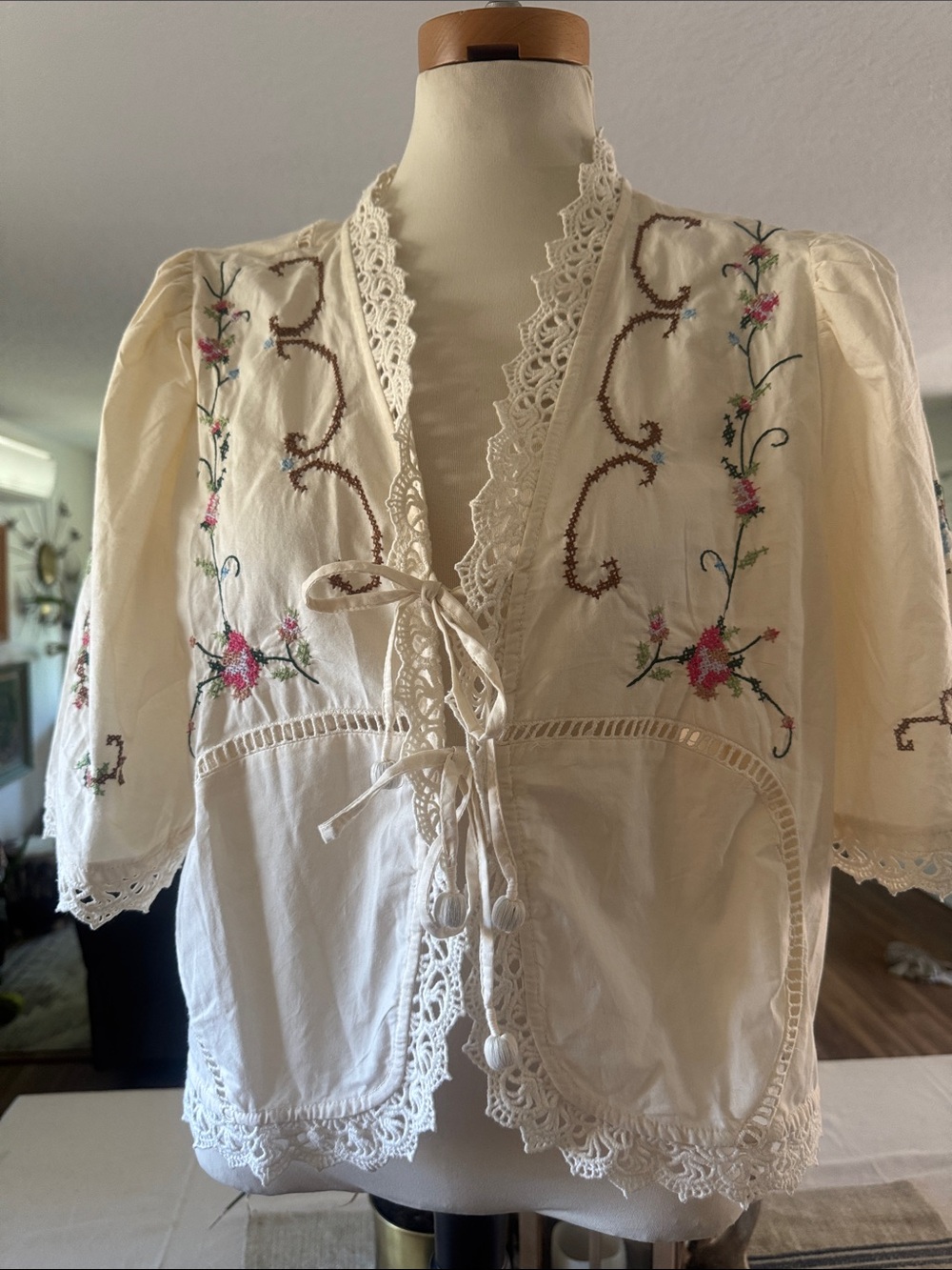 Embroidered Cream Tie-Front Peasant Top - Picture 2 of 6